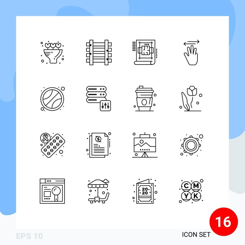 grupo de símbolos de ícones universais de 16 contornos modernos do esporte, interior direito, cursor esquerdo, elementos de design vetorial editáveis vetor