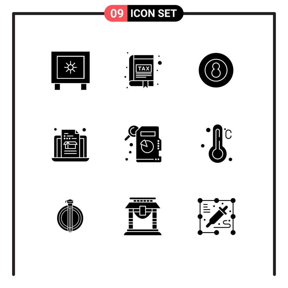 conjunto de 9 sinais de símbolos de ícones de interface do usuário modernos para estatísticas descritivas caixa fiscal laptop esporte elementos de design de vetores editáveis