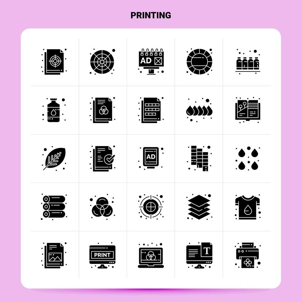 conjunto de ícones de impressão sólido 25 design de estilo glifo vetorial conjunto de ícones pretos web e design de ideias de negócios móveis ilustração vetorial vetor