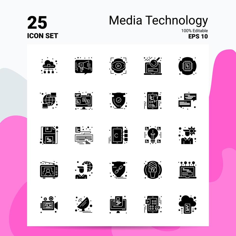 Conjunto de ícones de tecnologia de mídia 25 100 eps editáveis 10 arquivos idéias de conceito de logotipo de negócios design de ícone de glifo sólido vetor