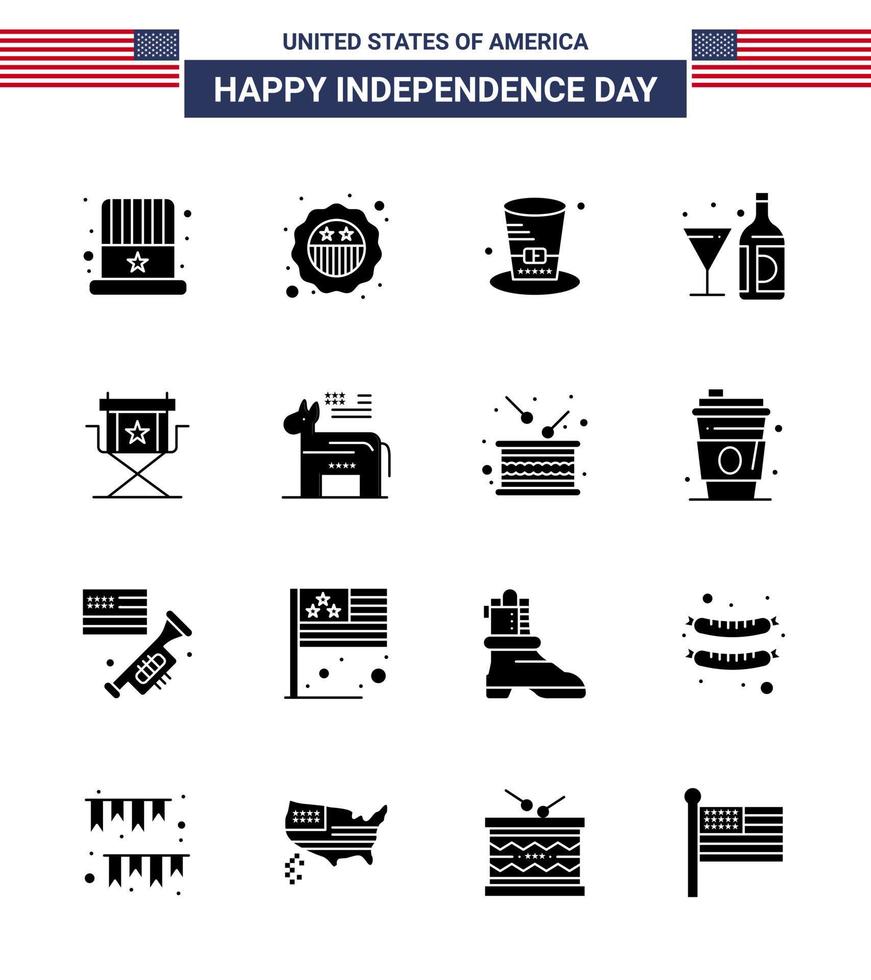 pacote de 16 sinais de glifos sólidos de celebração do dia da independência dos eua e símbolos de 4 de julho, como cadeira, garrafa, dia, bebida americana, editável, elementos de design vetorial do dia dos eua vetor