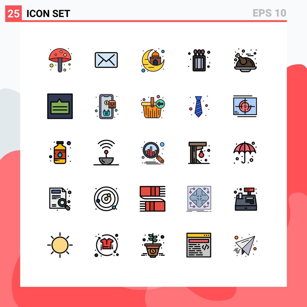 pacote de 25 cores planas de linha cheia criativa de elementos de design de vetores editáveis de fogo de mesquita de ação de graças de frango