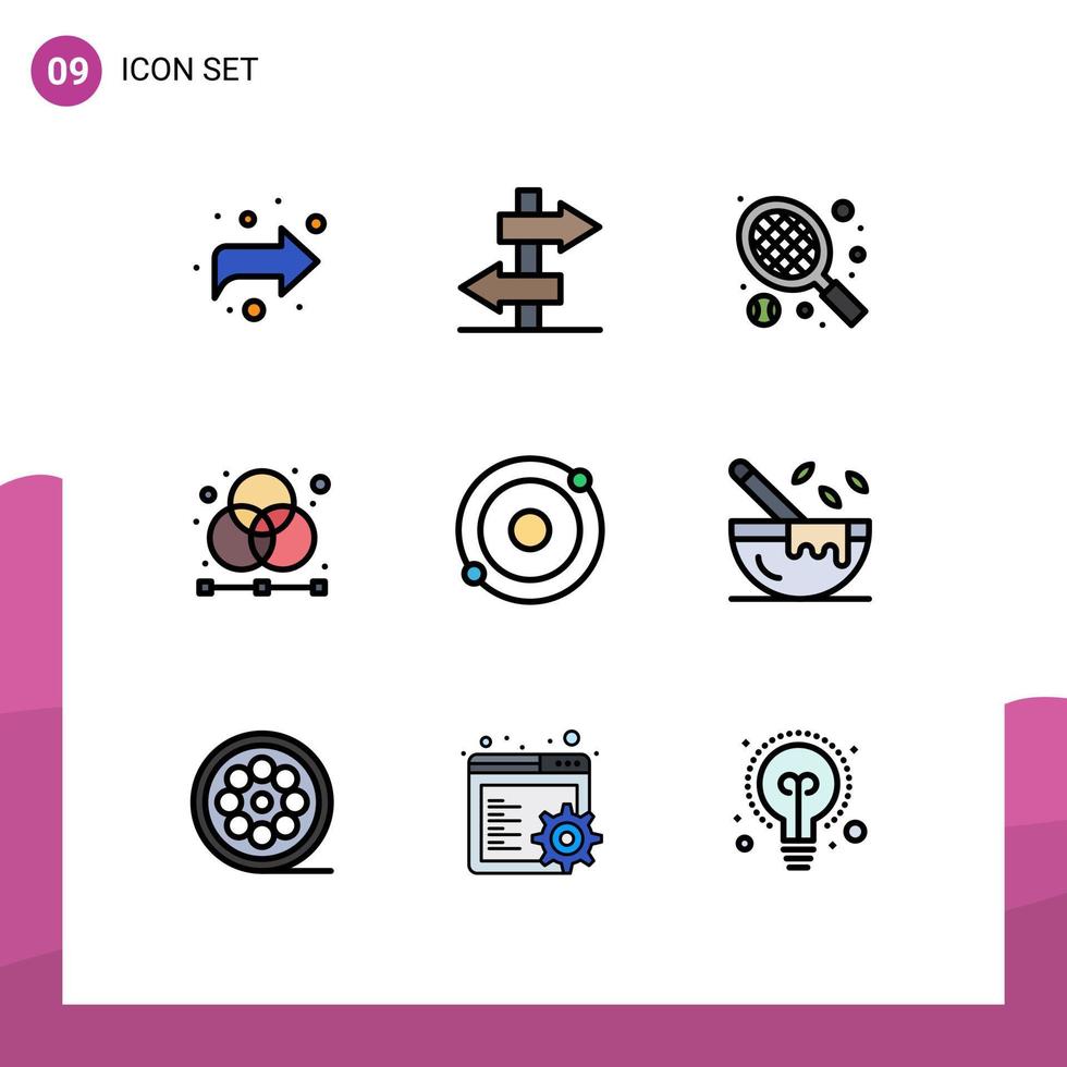 9 interface do usuário pacote de cores planas de linha cheia de sinais e símbolos modernos de elementos de design de vetores gráficos editáveis de átomo de tênis de molécula em ebulição