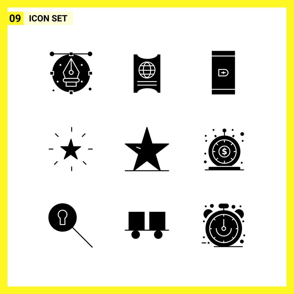 9 conjunto de ícones simples sinal de glifo de símbolos sólidos em fundo branco para aplicativos móveis de design de sites e fundo de vetor de ícone preto criativo de mídia impressa