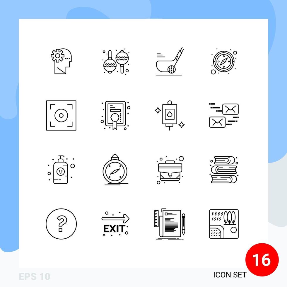 pacote de 16 sinais e símbolos de contornos modernos para mídia impressa na web, como elementos de design de vetores editáveis de bússola de gps de cinema de vídeo