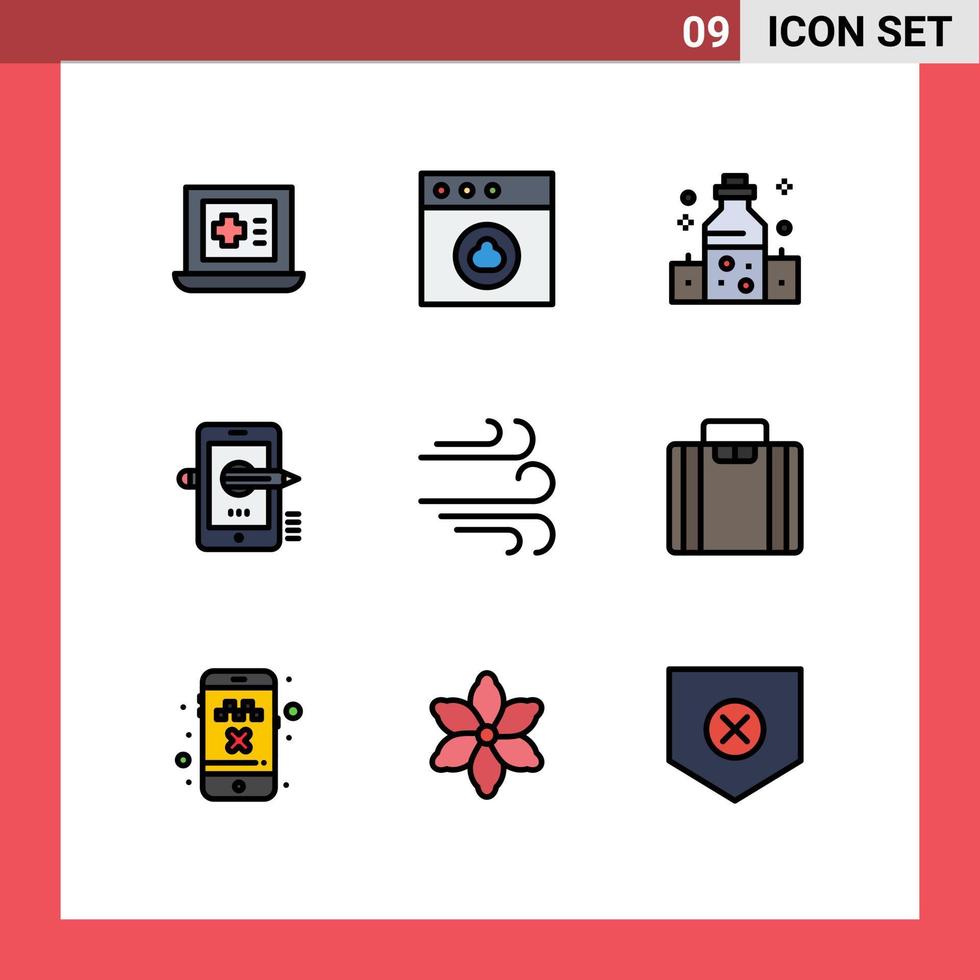 grupo de 9 sinais e símbolos de cores planas de linha preenchida para óleo de direção do vento, composição de elementos de design de vetores editáveis a lápis