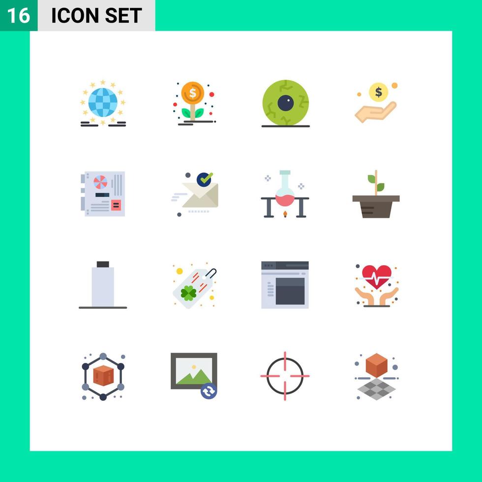 Pacote de cores planas de 16 interfaces de usuário de sinais e símbolos modernos de pacote editável de dólar de olho de caridade de computador de elementos de design de vetores criativos