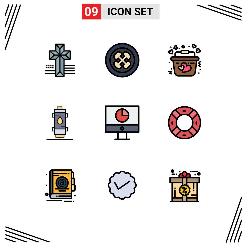 9 interface do usuário pacote de cores planas de linha cheia de sinais e símbolos modernos de elementos de design de vetores editáveis de aquecedor de calor de cesta quente de gêiser
