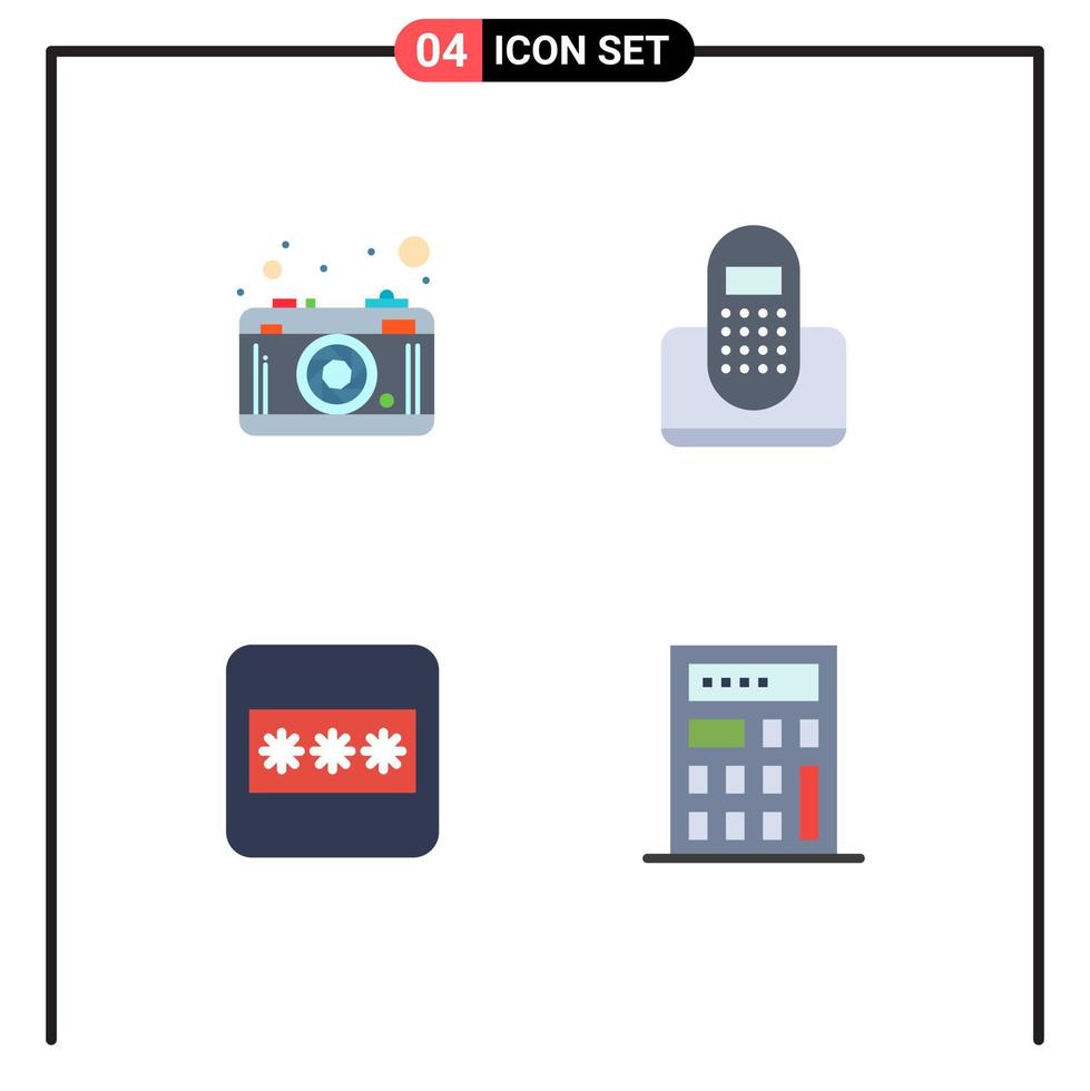 4 ícones planos de vetores temáticos e símbolos editáveis de imagem de campo de câmera, contato, senha, elementos de design de vetores editáveis