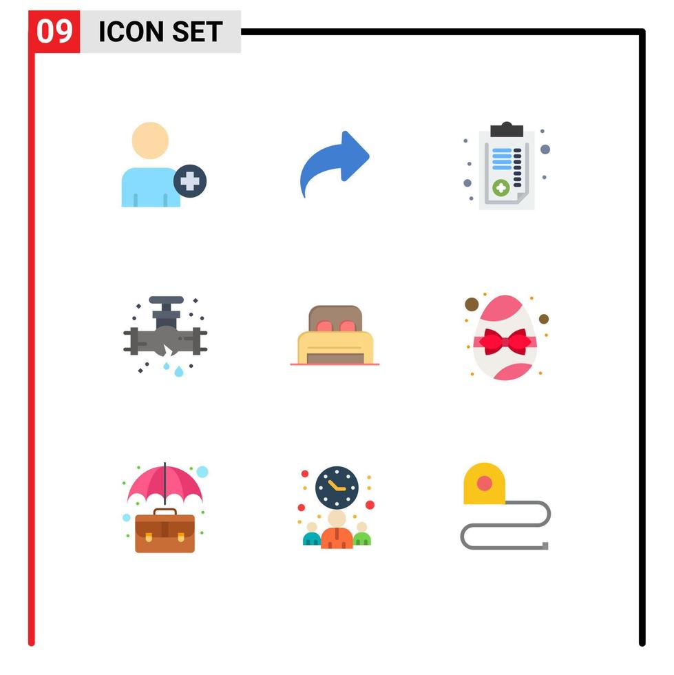 Conceito de 9 cores planas para sites móveis e aplicativos quarto cama hospital encanamento elementos mecânicos de design vetorial editável vetor