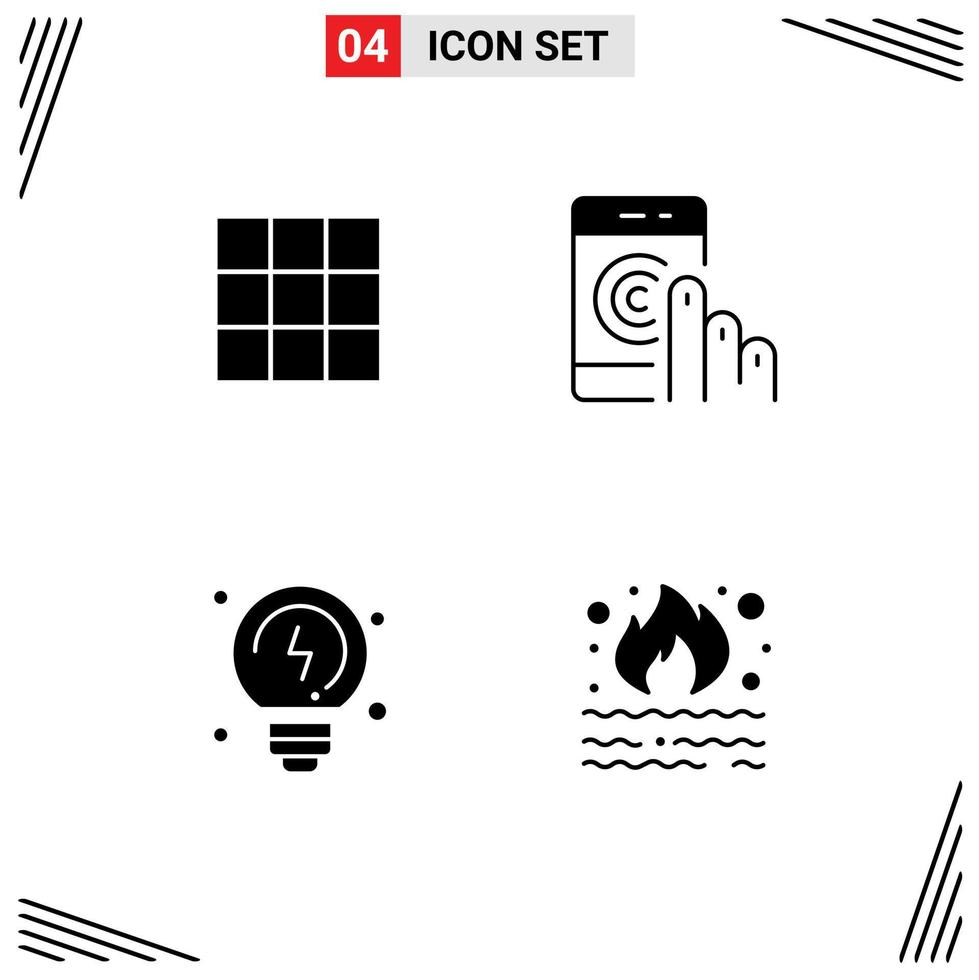 conjunto de pictogramas de 4 glifos sólidos simples de soluções de menu, clique em smartphone, queime elementos de design de vetores editáveis
