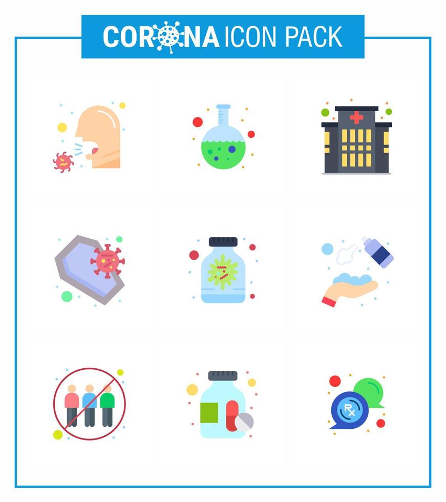 vírus corona 2019 e 2020 epidemia 9 pacote de ícones de cores planas, como crânio morte laboratório coronavírus hospital viral coronavírus 2019nov elementos de design de vetor de doença