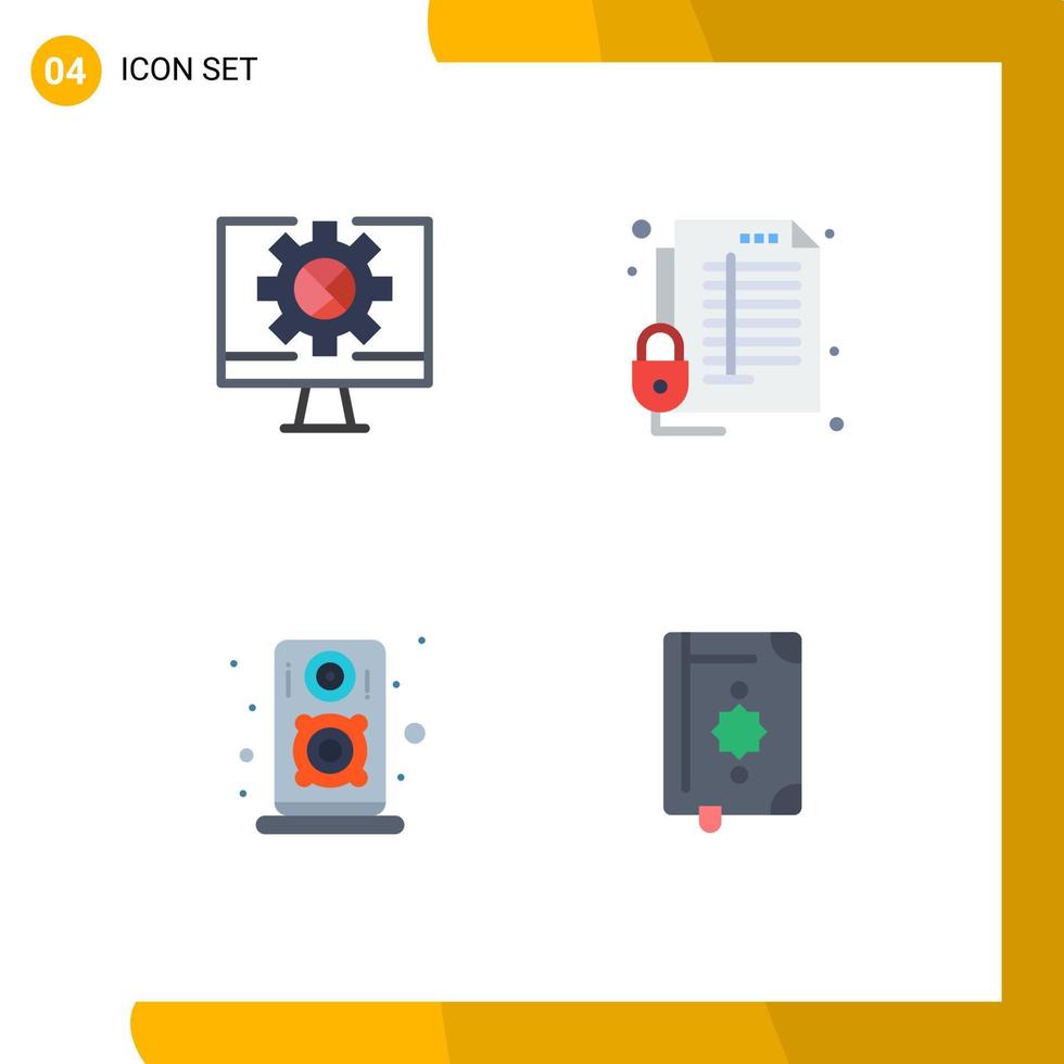 grupo de 4 ícones planos modernos definidos para proteção de configuração de áudio de computador alto-falante editável elementos de design vetorial vetor