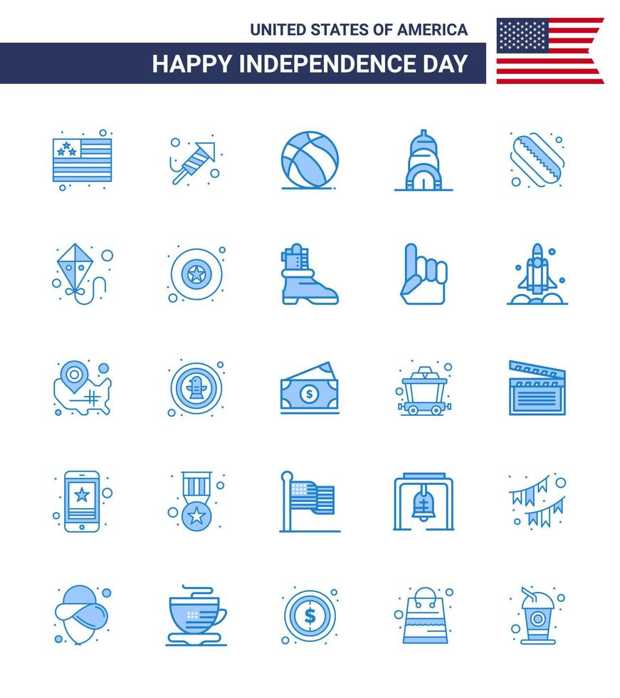 feliz dia da independência dos eua conjunto de pictogramas de 25 blues simples de bola de cachorro-quente de pipa edifício americano editável dia dos eua vetor elementos de design