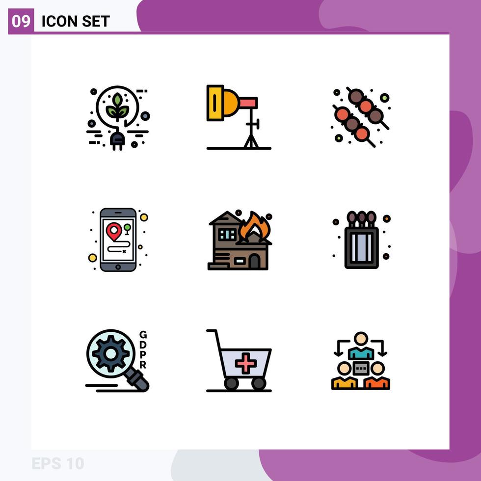 conjunto de pictogramas de 9 cores planas de linha preenchida simples de mapas de arquitetura de churrasco em chamas editáveis elementos de design vetorial vetor