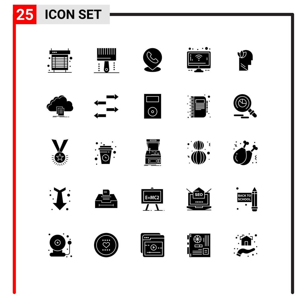 pacote de 25 glifos sólidos criativos de tela mental, pincel, monitor, mapa, elementos de design vetorial editáveis vetor