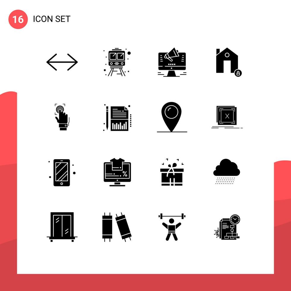 grupo de símbolos de ícones universais de 16 glifos sólidos modernos de bloqueio de impressão digital, edifícios de casas de sites, elementos de design vetorial editáveis vetor