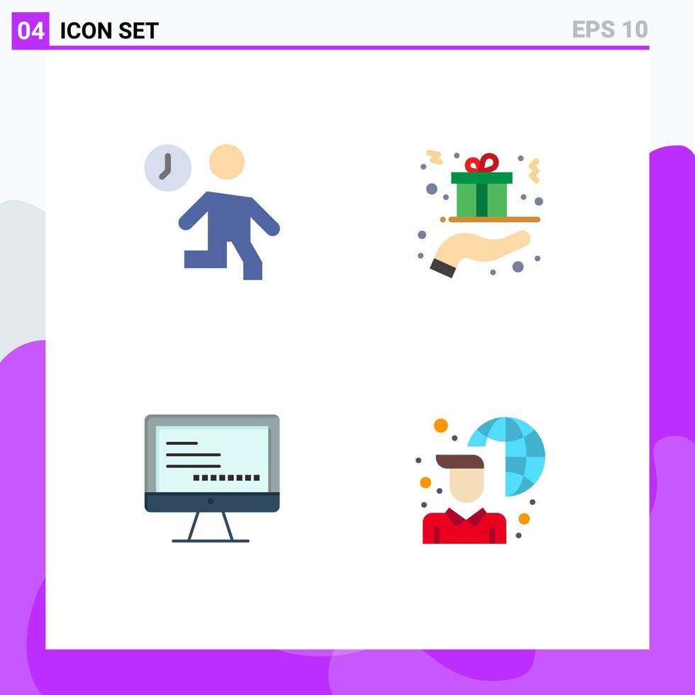 4 pacote de ícones planos de interface de usuário de sinais e símbolos modernos de relógio presente pessoas monitore elementos de design de vetores editáveis