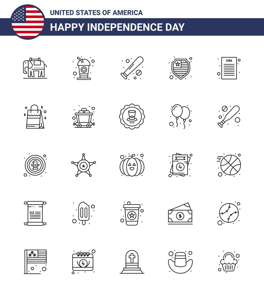 feliz dia da independência dos eua conjunto de pictogramas de 25 linhas simples de declaração democrática escudo de beisebol americano editável dia dos eua vetor elementos de design