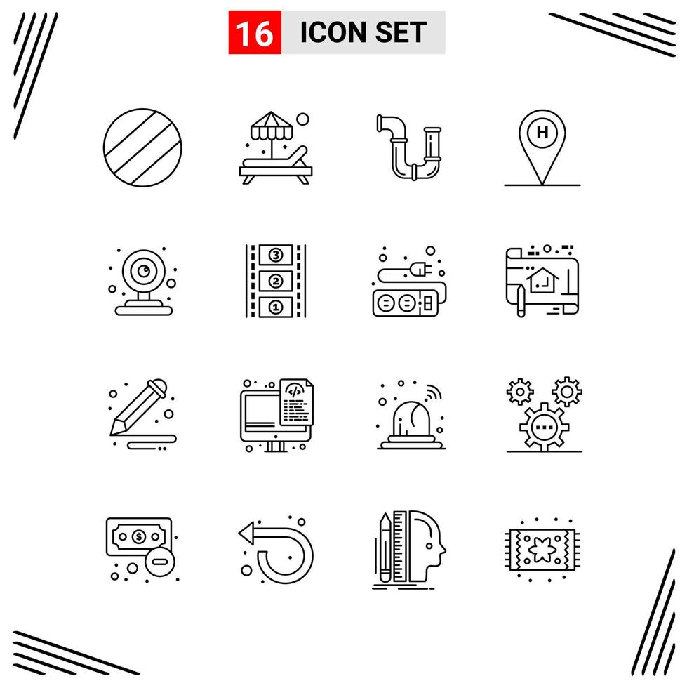 Grade de estilo de linha de 16 ícones baseada em símbolos de contorno criativos para design de sites sinais de ícone de linha simples isolados no fundo branco conjunto de 16 ícones criativos de fundo vetorial de ícones pretos vetor