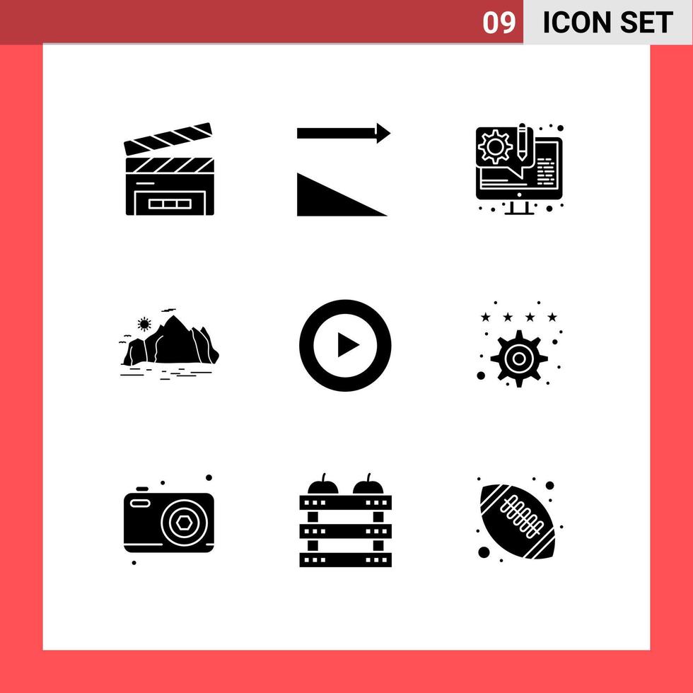 conjunto de 9 sinais de símbolos de ícones de interface do usuário modernos para elementos de design de vetores editáveis de colina de montanha de desenvolvimento de jogo