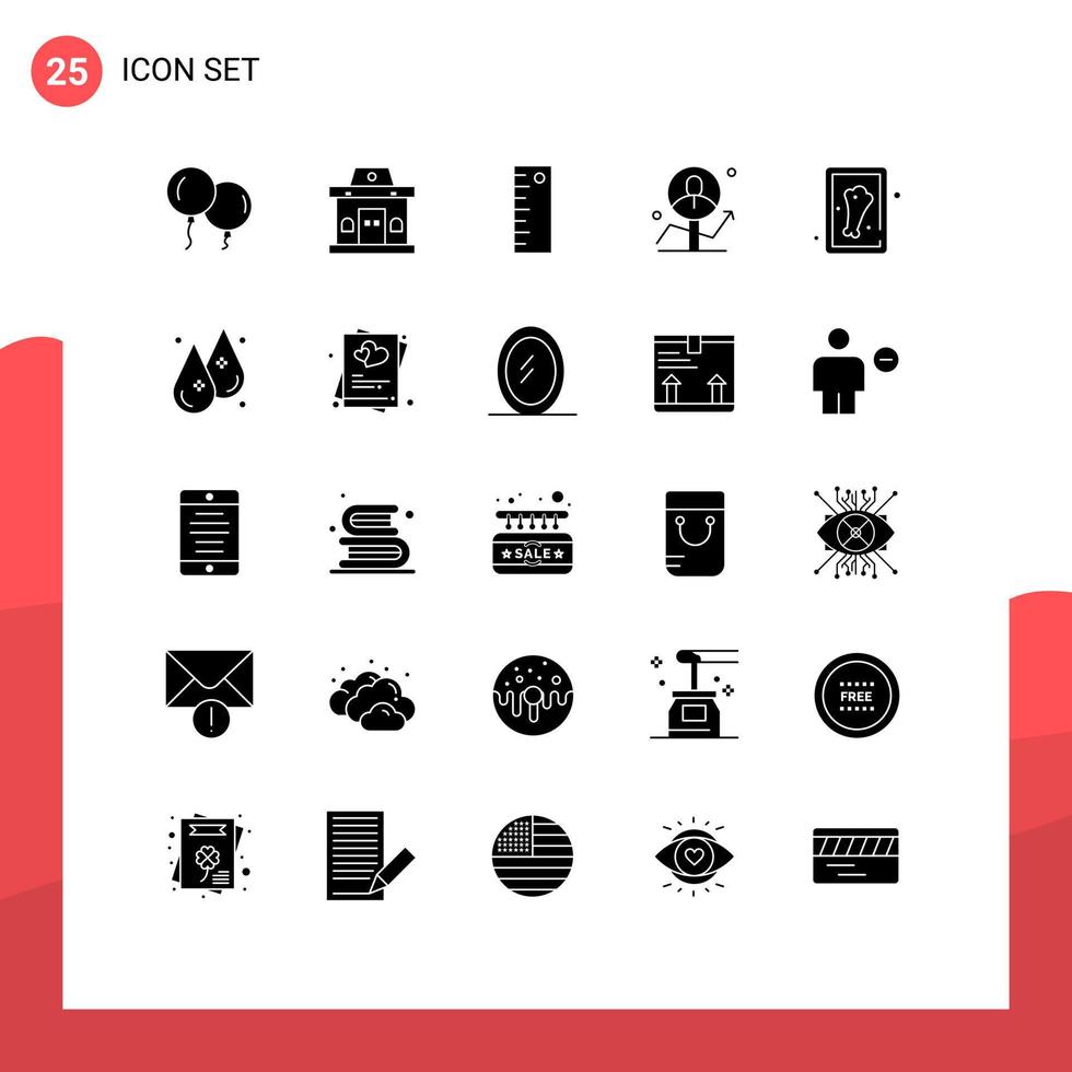 conjunto moderno de pictograma de 25 glifos sólidos de carne, frango, medida, gráfico de sucesso, elementos de design vetorial editáveis vetor