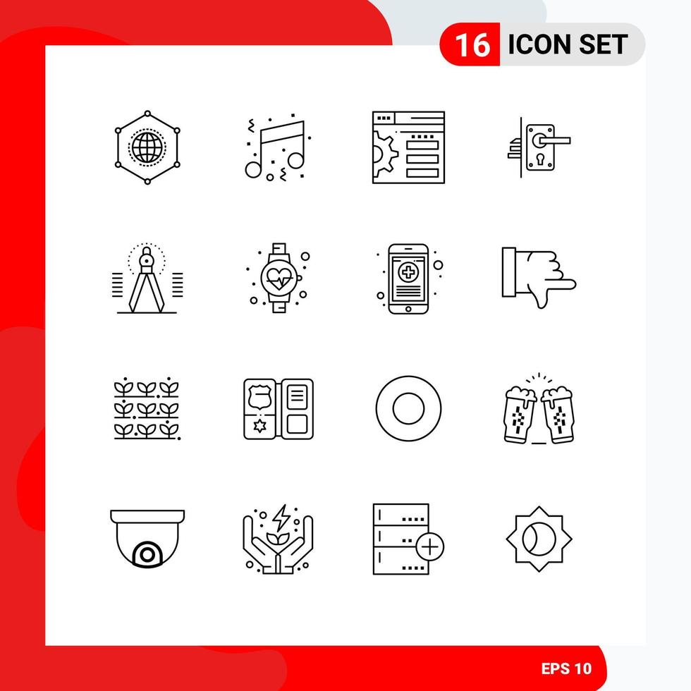 conjunto moderno de 16 contornos e símbolos, como elementos de design de vetores editáveis da porta da porta da alça de casa