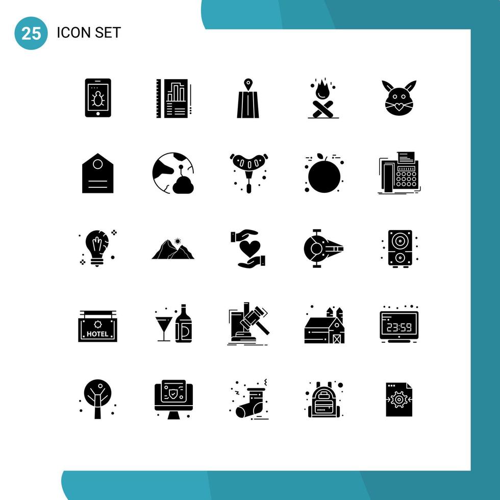 pacote de interface do usuário de 25 glifos sólidos básicos de coelhinho fofo coelho de estrada acampando elementos de design de vetores editáveis