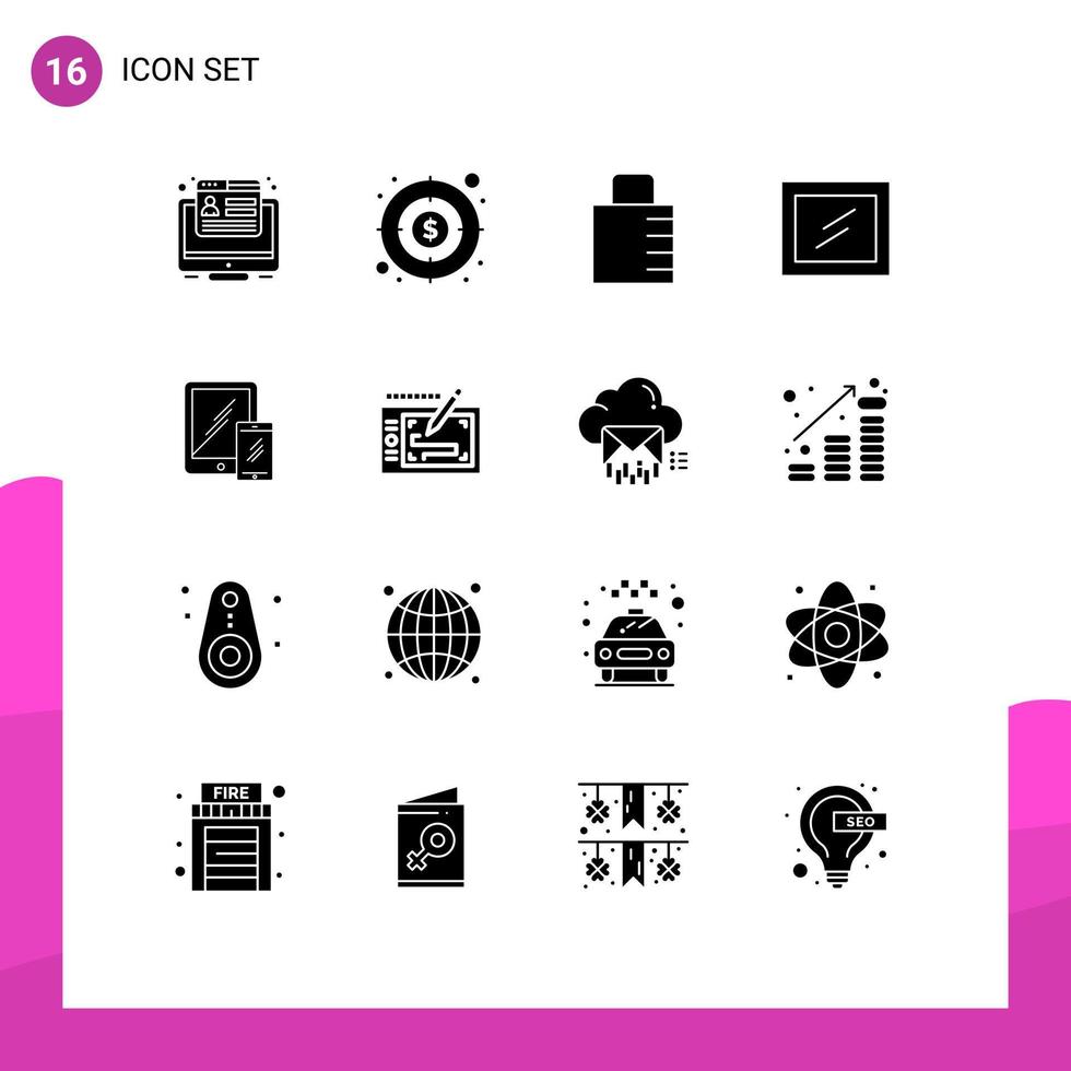 grupo de símbolos de ícone universal de 16 glifos sólidos modernos de elementos de design de vetores editáveis de interior de smartphone de negócios de tablet