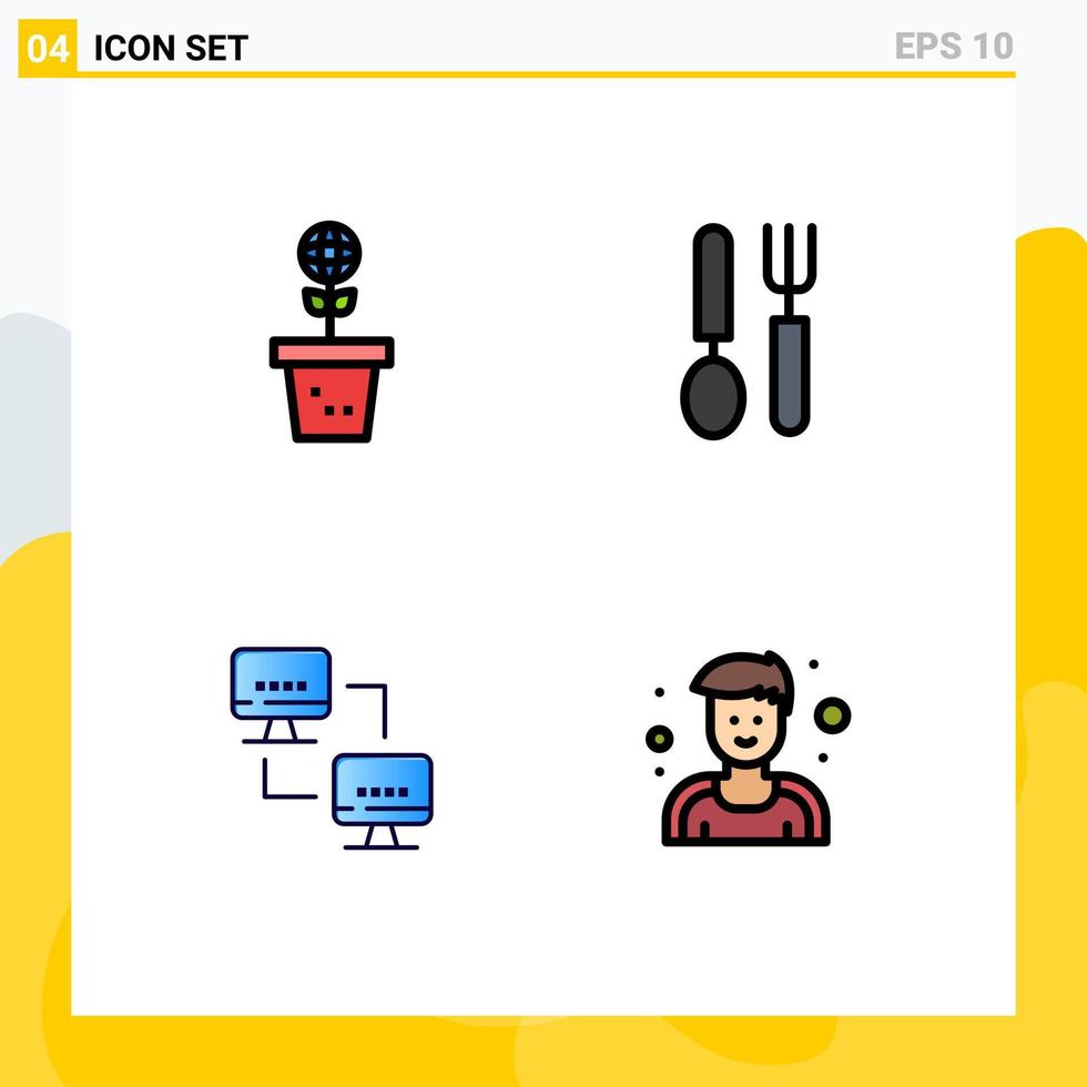 pacote de 4 cores planas criativas de linha preenchida de jantar de natureza de computador ecológico computando elementos de design de vetores editáveis