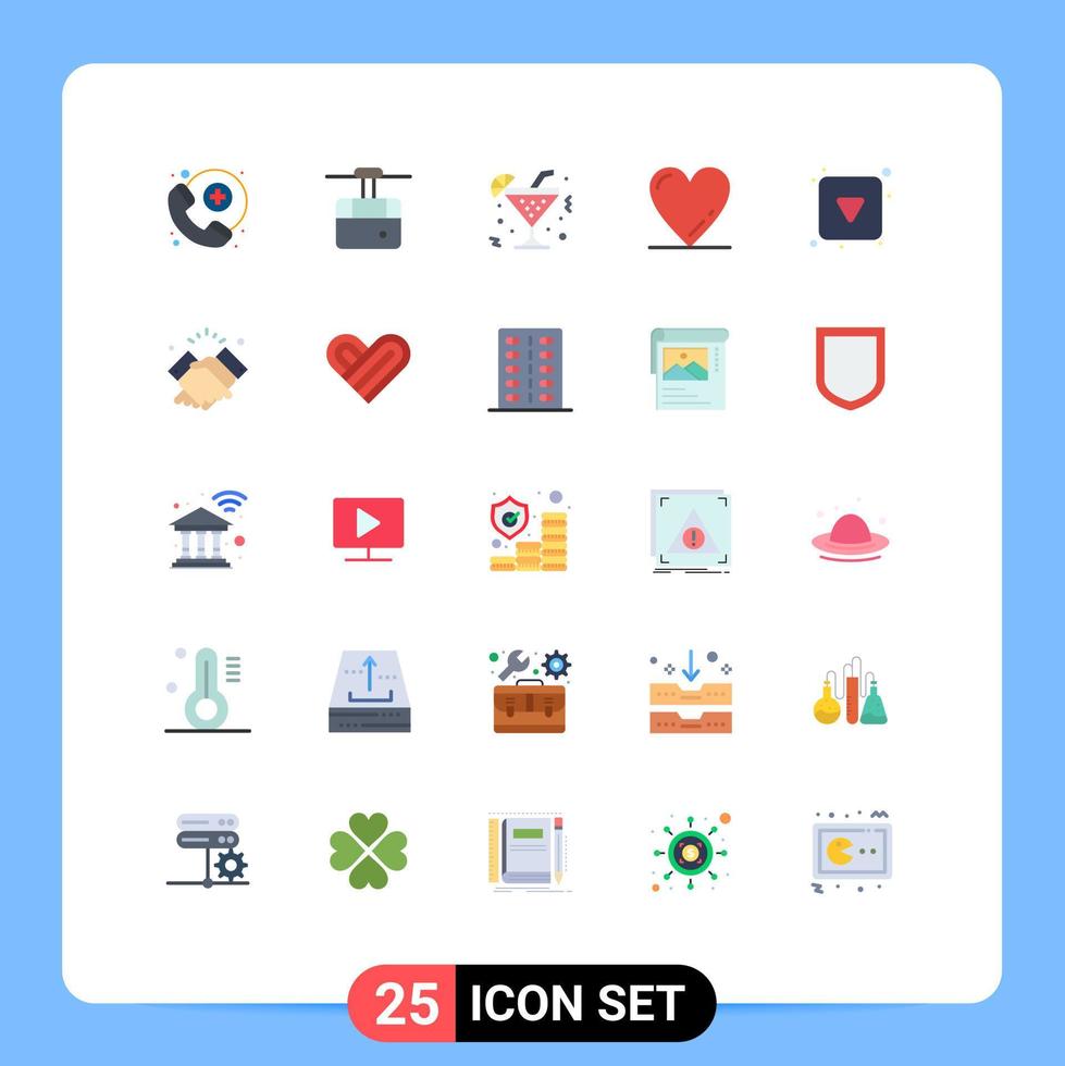 conjunto de cores planas de interface móvel de 25 pictogramas de botão de reprodução de bebida de seta completa como elementos de design de vetores editáveis
