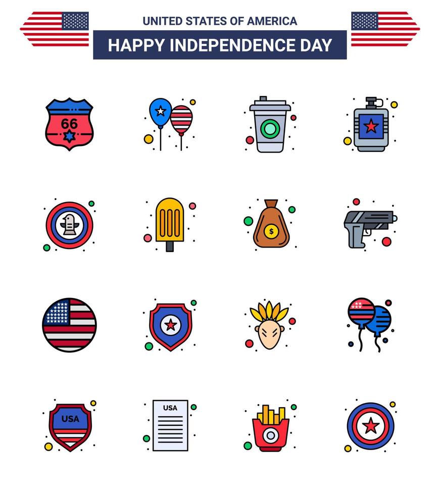 feliz dia da independência dos eua conjunto de pictogramas de 16 linhas simples e planas cheias de frasco de bandeira da américa hip americano alcoólico editável dia dos eua elementos de design vetorial vetor