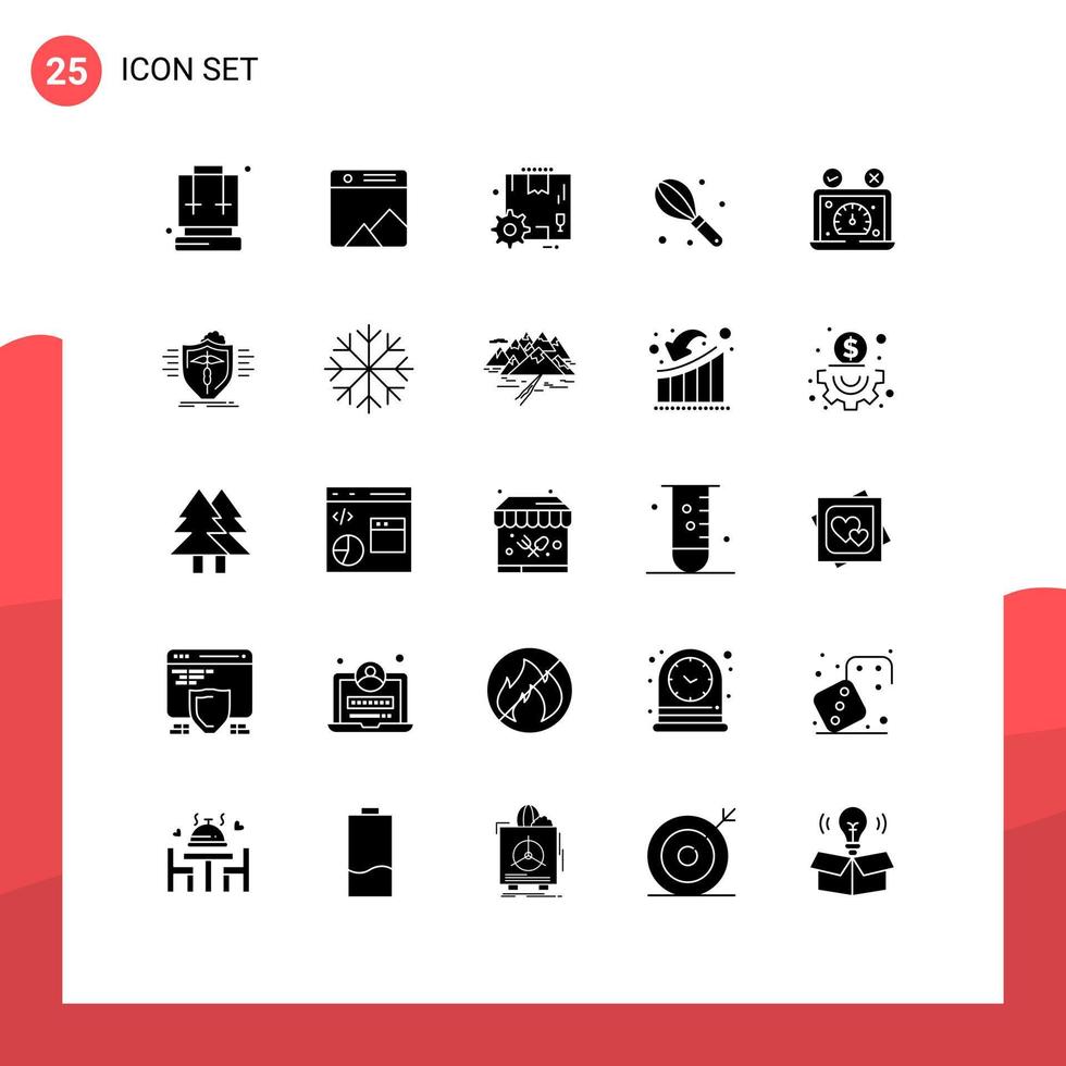 conjunto de glifos sólidos de interface móvel de 25 pictogramas de caixa de teste de velocidade de desempenho elementos de design de vetores editáveis manualmente