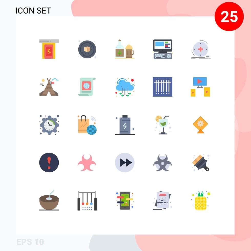 conjunto de cores planas de interface móvel de 25 pictogramas de monitor de educação de garrafa clínica de saúde elementos de design vetorial editáveis vetor