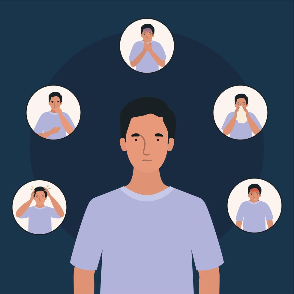 avatar man com design de sintomas de vírus ncov 2019 vetor