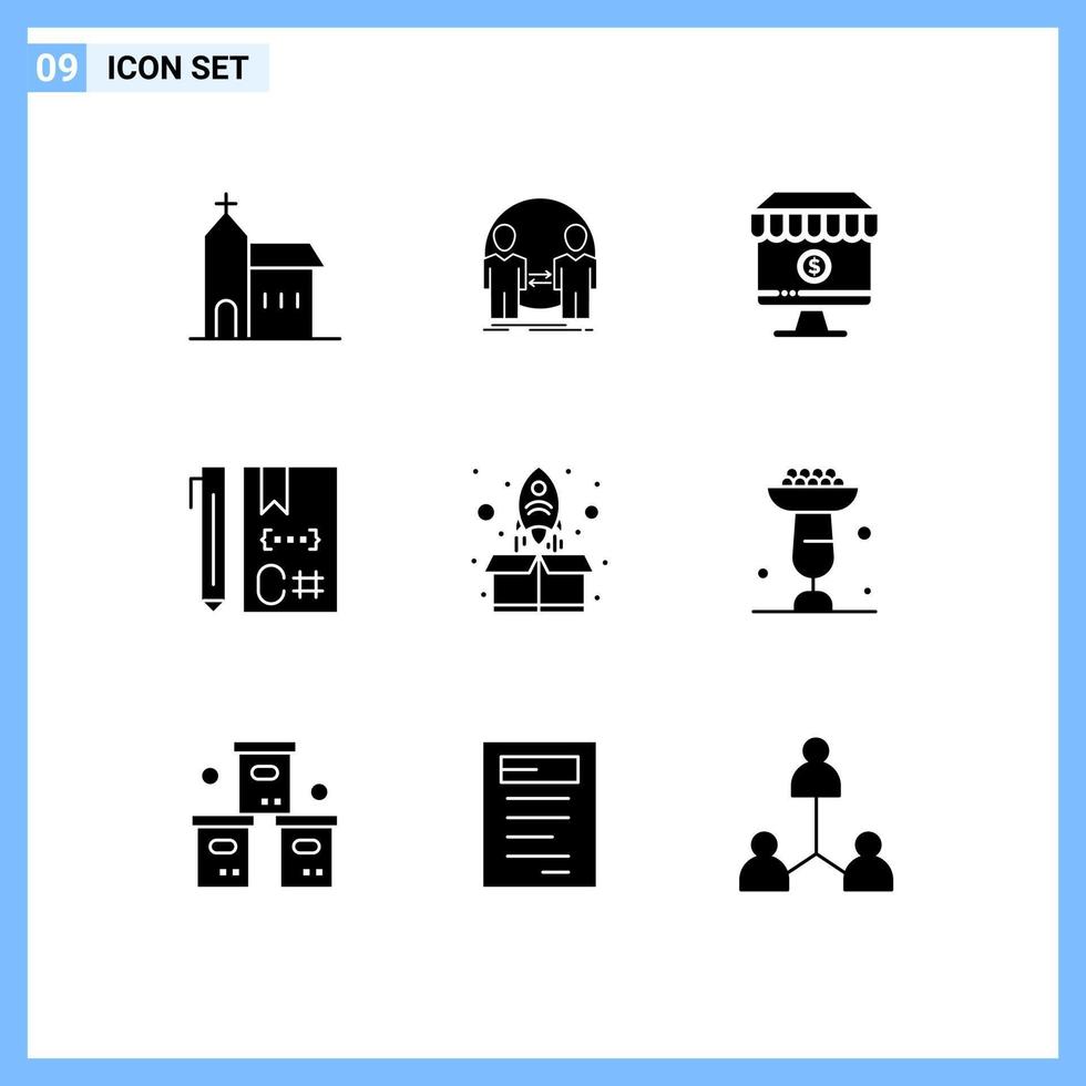 conjunto de glifos sólidos de interface móvel de 9 pictogramas de codificação c identidade comércio elementos de design de vetores editáveis por computador