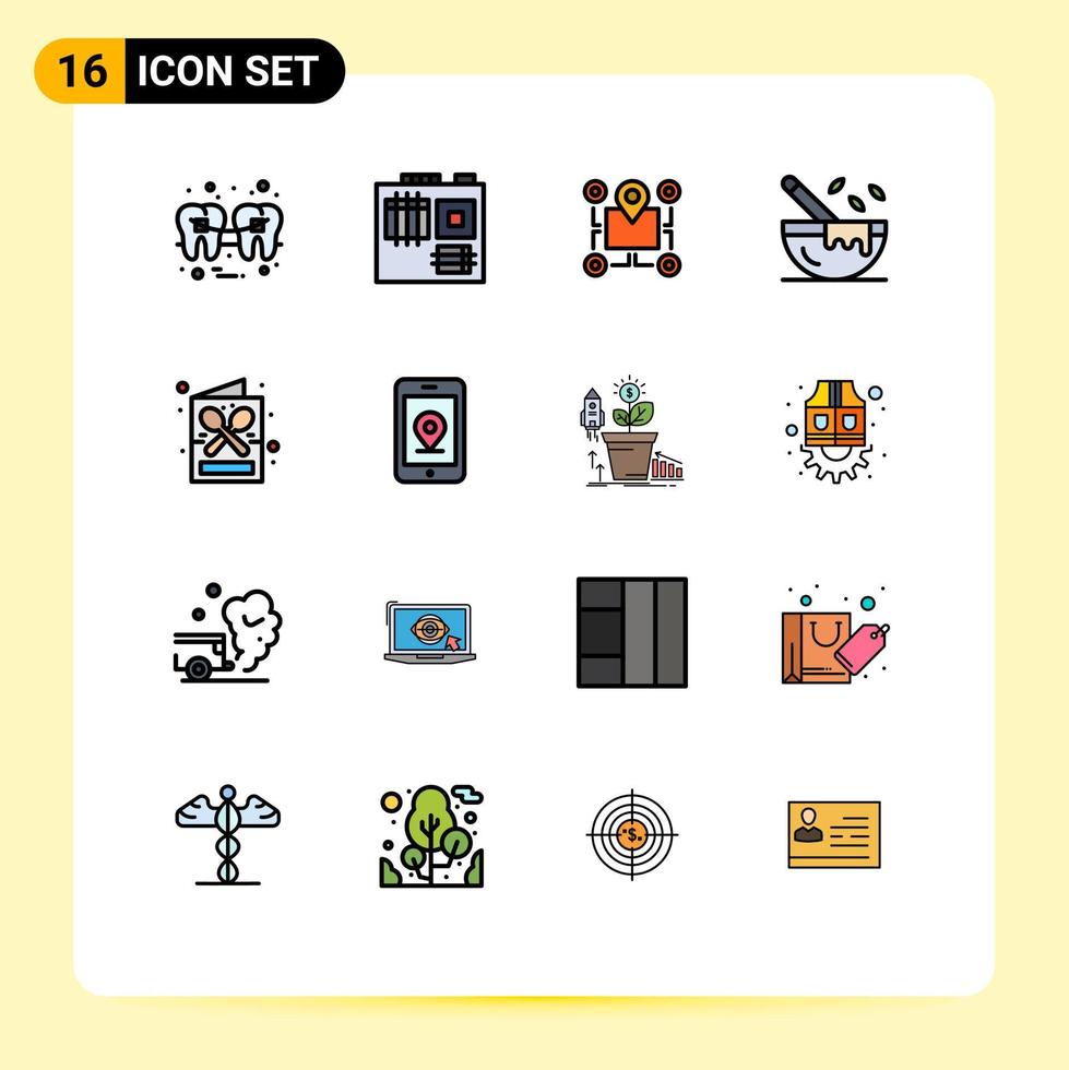 grupo de 16 linhas preenchidas de cores planas modernas definidas para localização de utensílios de cozinha de café ponteiro de cozinha editável elementos de design de vetor criativo