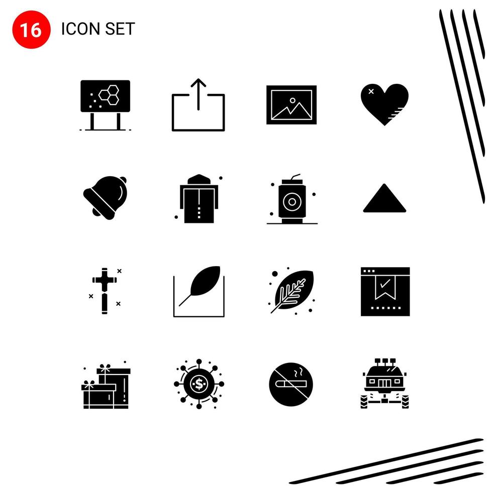 conjunto de 16 glifos sólidos vetoriais na grade para o álbum de relatório de sino, elementos de design de vetores editáveis de amor favoritos