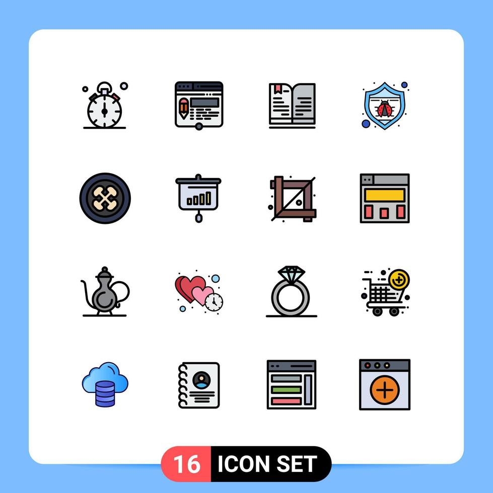 pacote de linha vetorial editável de 16 linhas simples preenchidas de cores planas de proteção de sites de bug seo educação elementos de design de vetores criativos editáveis