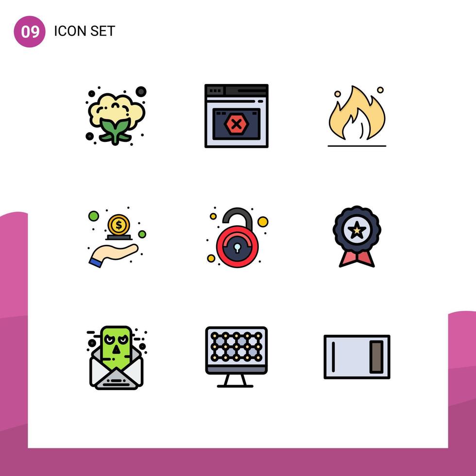 pacote de linha vetorial editável de 9 cores planas de linha preenchida simples de público em dinheiro de mão de fogo elementos de design vetorial editáveis vetor