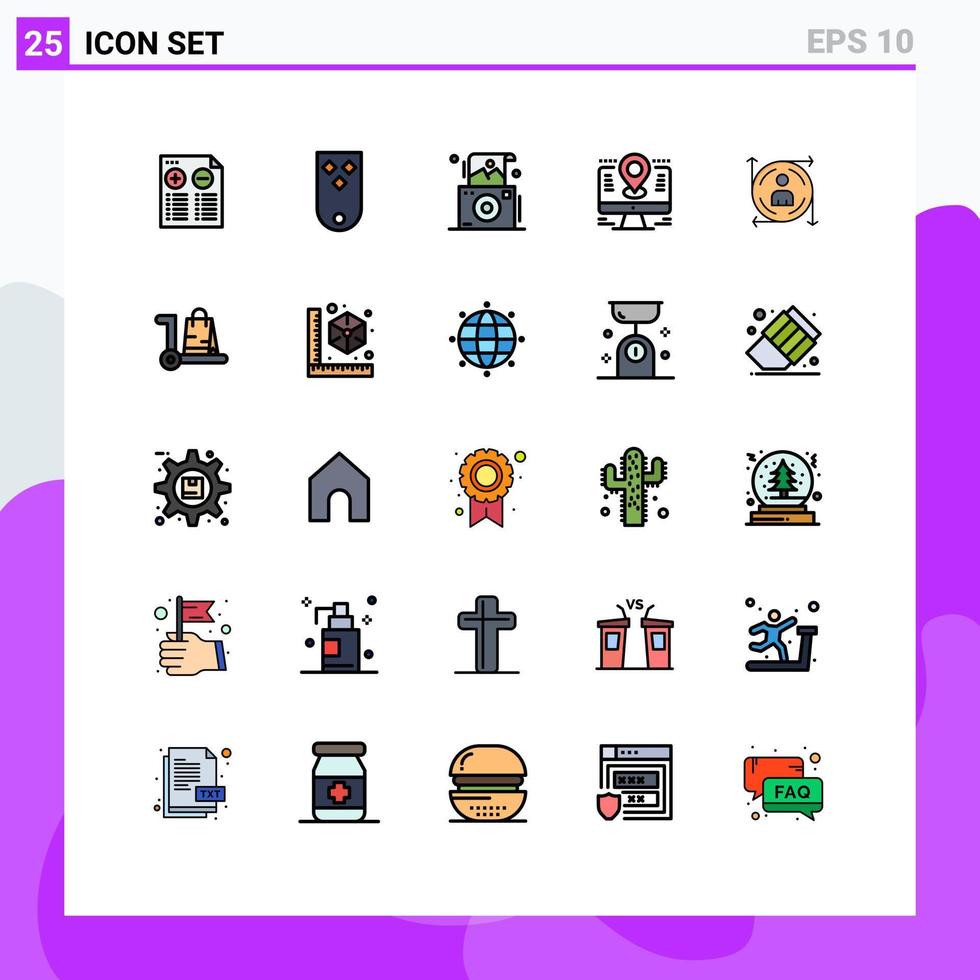 grupo de 25 sinais e símbolos de cores planas de linha preenchida para localização de pinos três elementos de design de vetores editáveis de polaroid de computador