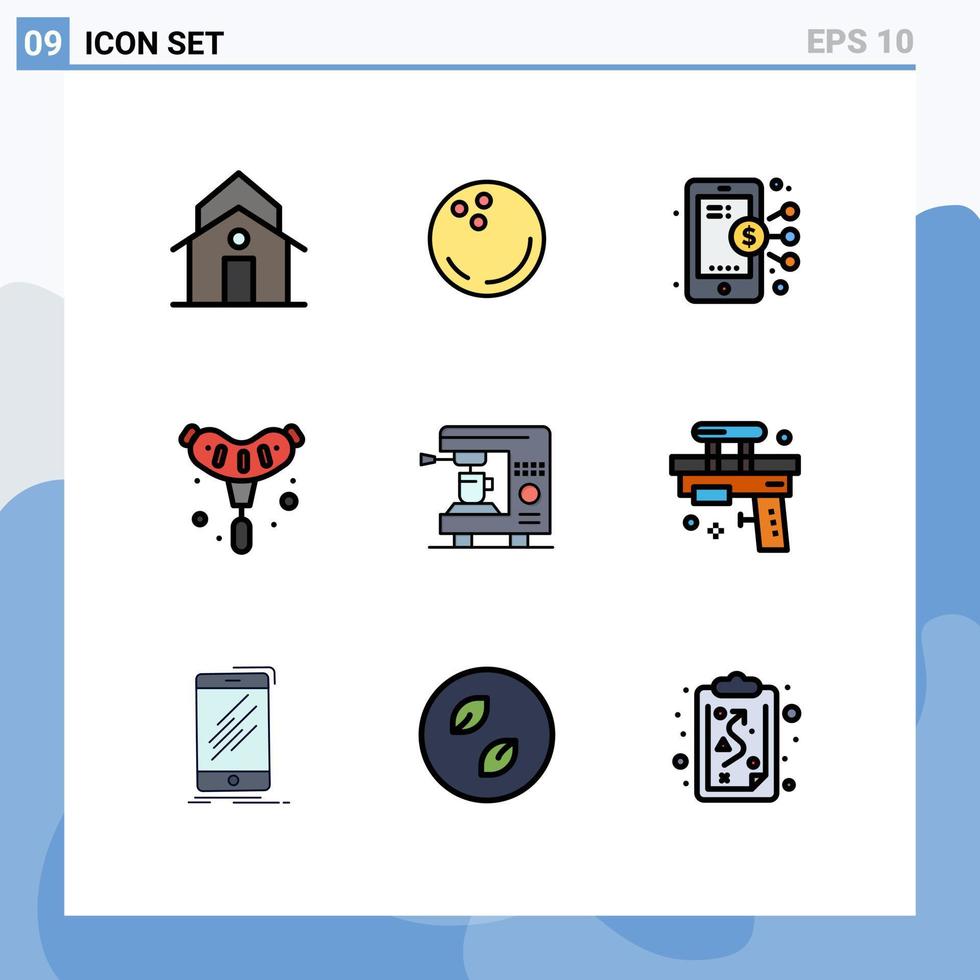 9 símbolos de sinais de cor plana de linha preenchida universal de grelha de café greve alimentos compartilham elementos de design de vetores editáveis