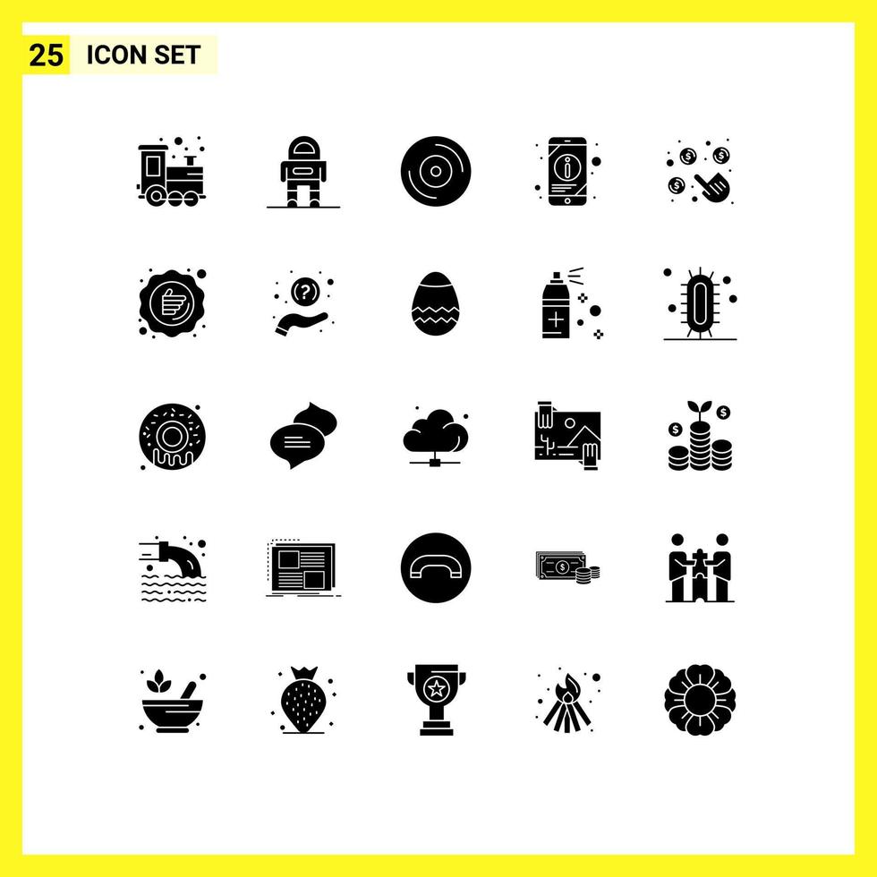 conjunto moderno de 25 glifos e símbolos sólidos, como elementos de design de vetores editáveis por telefone de álbum por clique