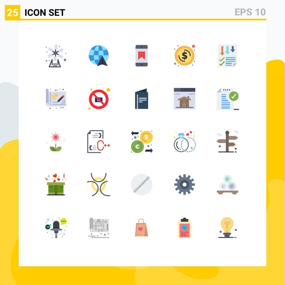 pacote de 25 sinais e símbolos modernos de cores planas para mídia impressa na web, como setas de página, conquistas, dinheiro, moeda, elementos de design de vetores editáveis