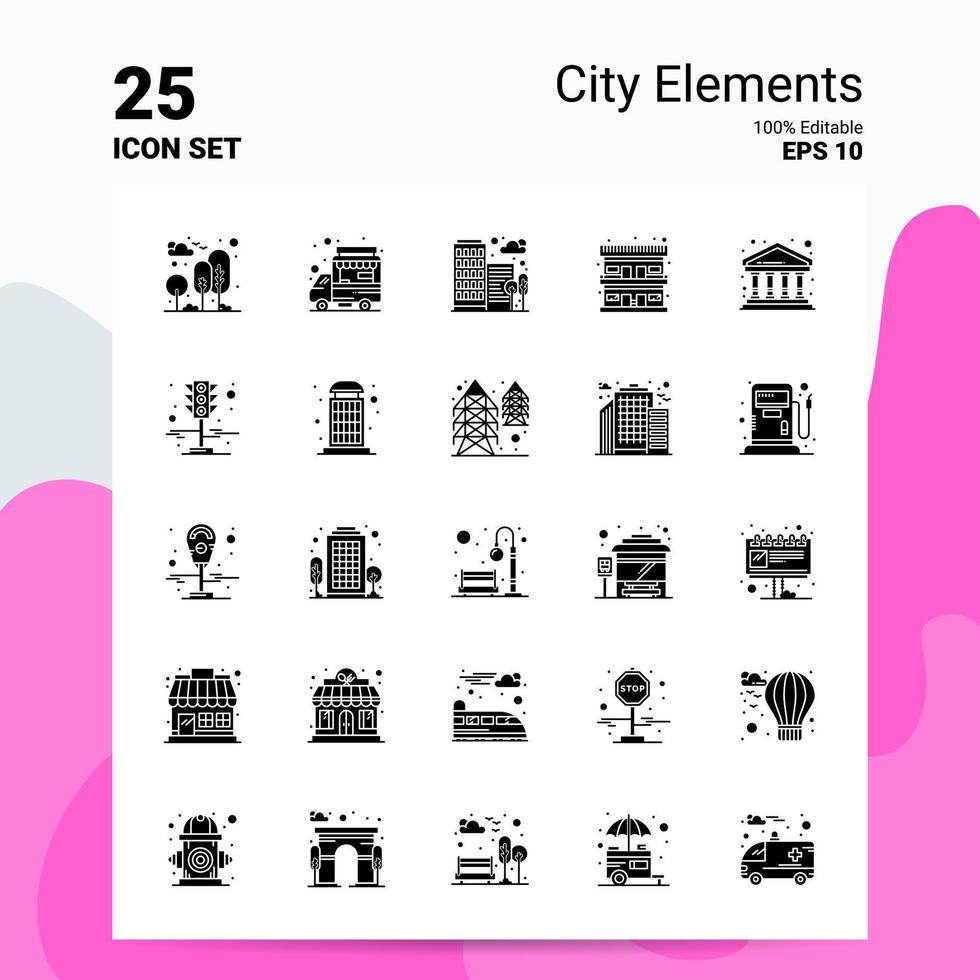 conjunto de ícones de 25 elementos da cidade 100 eps editáveis 10 arquivos idéias de conceito de logotipo de negócios design de ícone de glifo sólido vetor