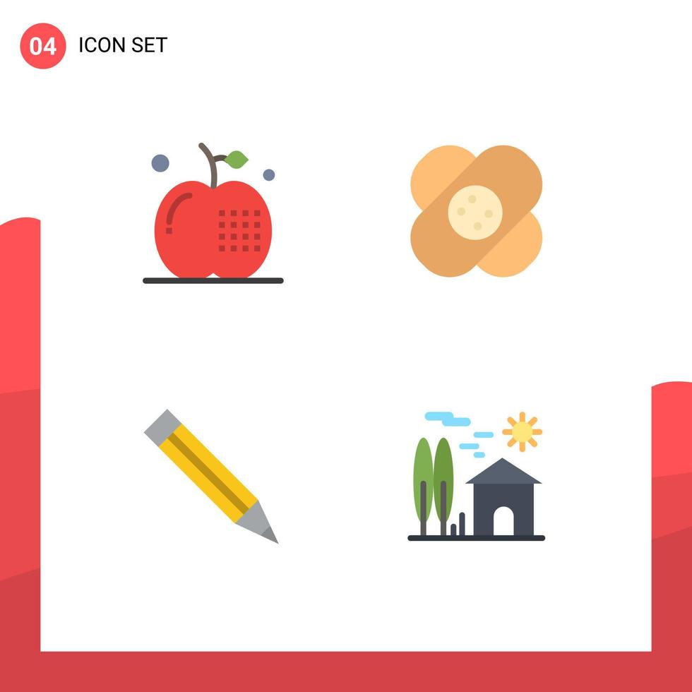 conjunto moderno de pictograma de 4 ícones planos de elementos de design de vetores editáveis de escola de comida de educação de maçã