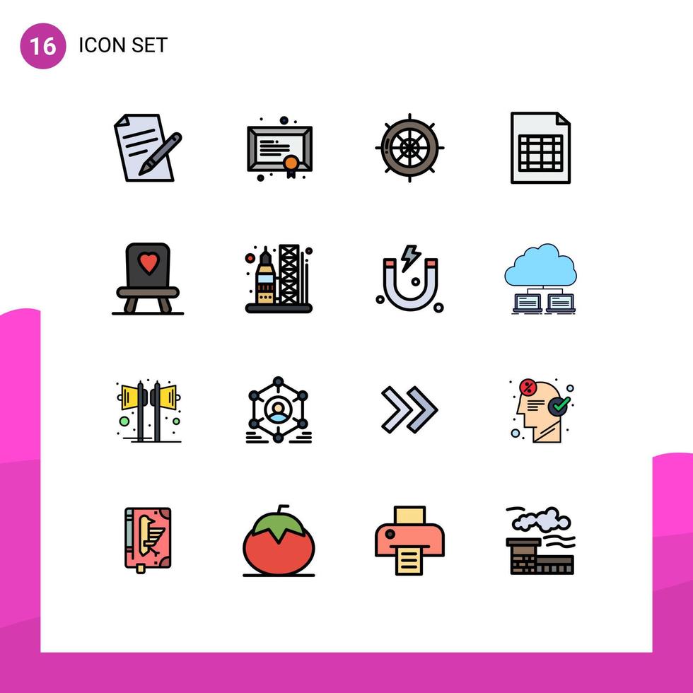 conjunto de pictogramas de 16 linhas simples preenchidas de cores planas de mesa de cadeira náutica excel viagem elementos de design de vetores criativos editáveis