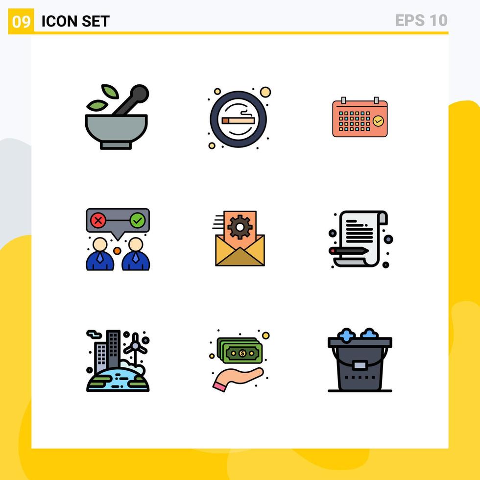 conjunto de cores planas de linha preenchida de interface móvel de 9 pictogramas de trabalho em equipe nossos elementos de design de vetores editáveis do ano corporativo de fumar