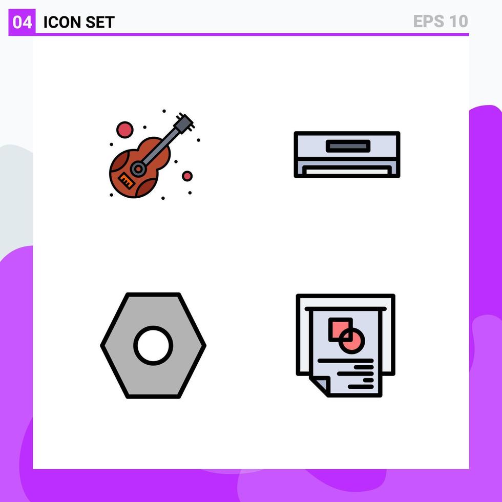 Pacote de cores planas de 4 linhas preenchidas de interface de usuário de sinais e símbolos modernos de interface de usuário de resfriamento musical básico de guitarra elementos de design de vetores editáveis