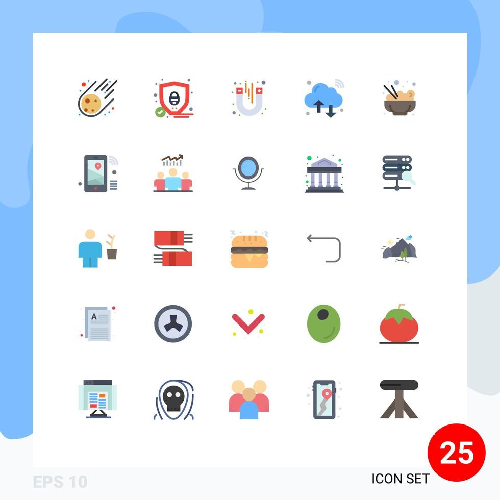 conjunto de cores planas de interface móvel de 25 pictogramas de comida wifi ímã iot internet elementos de design de vetores editáveis